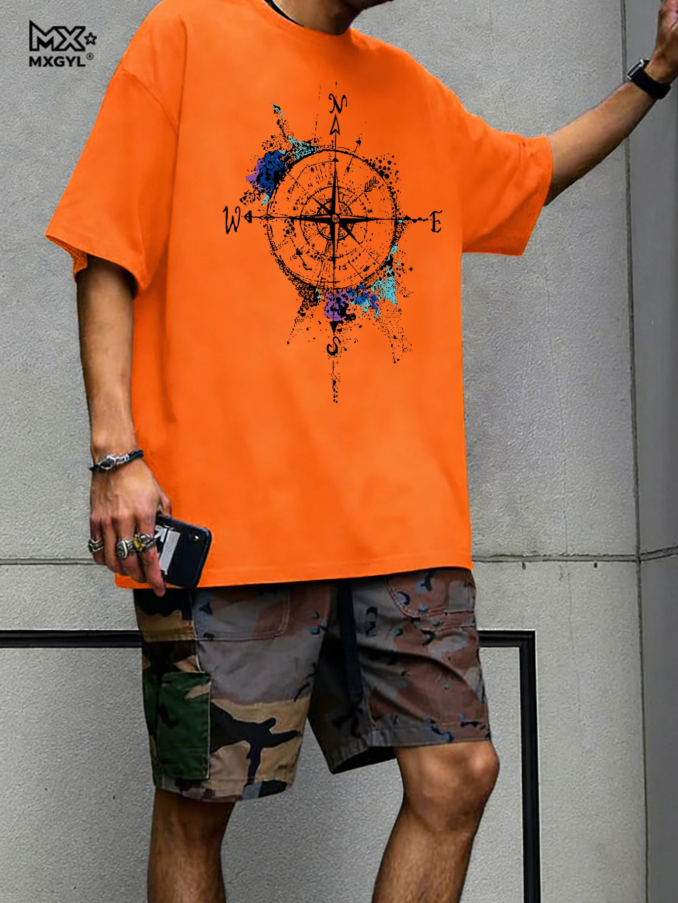 Men's Summer Cotton Fashionable Loose Casual Compass Pattern Printed Round Neck Short Sleeved T-shirt Breathable And Casual