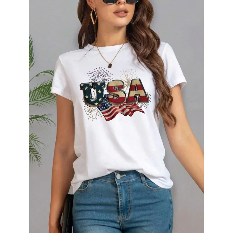 Women's Letter&American Flag Printed T-shirt Summer Cotton Micro Elastic T-shirt Retro Homestay Versatile Round Neck Top