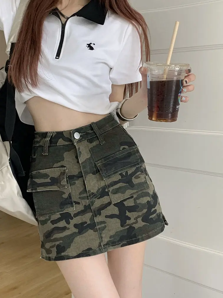 Retro A-line Camouflage Short Skirt 24 Summer New Women's High Waist Bodycon Denim Skirt