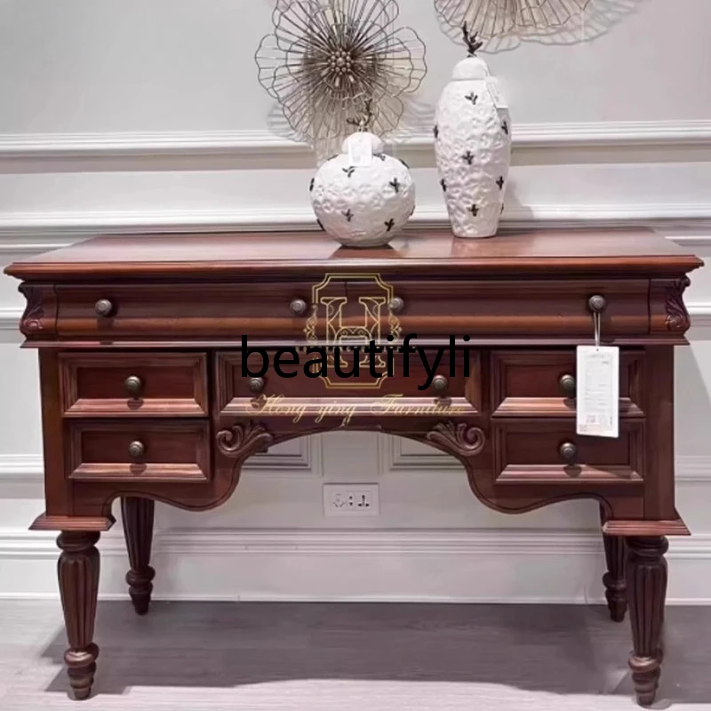 

American Retro Dressing Table Solid Wood Carved Entryway Table Hallway Cabinet Decorative Table