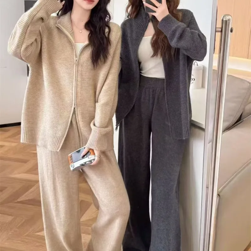 

Повседневный вязаный свитер с двойной молнией, кардиган, костюм, женский осенне-зимний свободный свитер, широкие брюки, комплект из двух предметов для женщин