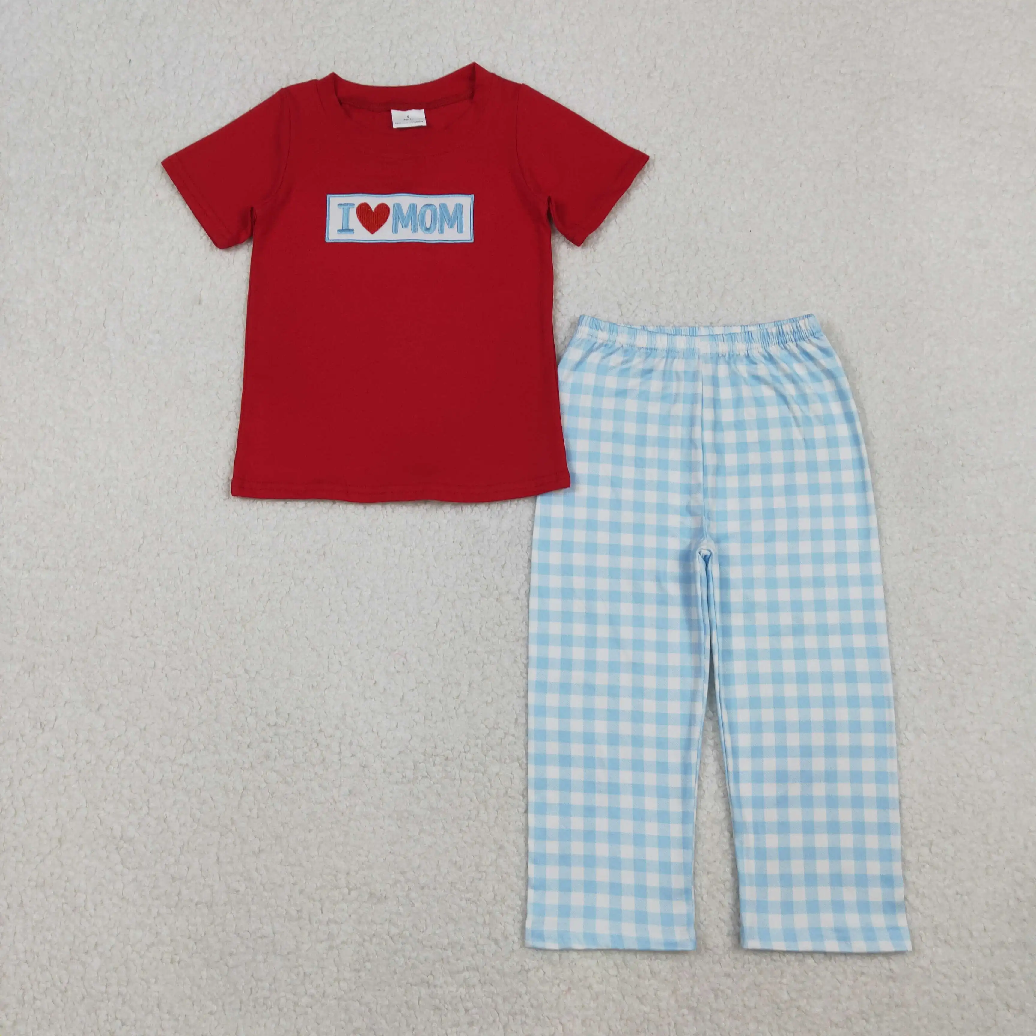 Baby Boys Red Cotton Embroidery 'I Love Mom' Shirts And Checked Pants Outfit Set Plaid Pants Top for Boys Clothing Set