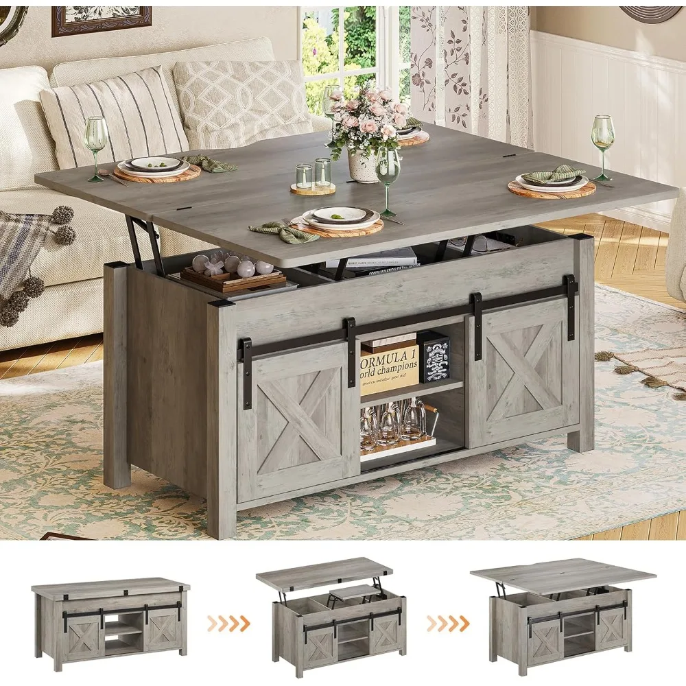 4 in 1 Multi-Function Storage and Hidden Compartment, Farmhouse Coffee Table Converts to Dining Table for Living Room