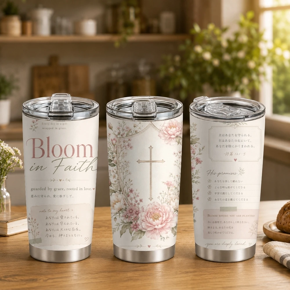 Floral Faith Cross Art Vacuum Flasks 20oz Coffee Cup With 2 Lids And Reusable Straw, Double Wall Tumbler For Iced Or Hot Drinks