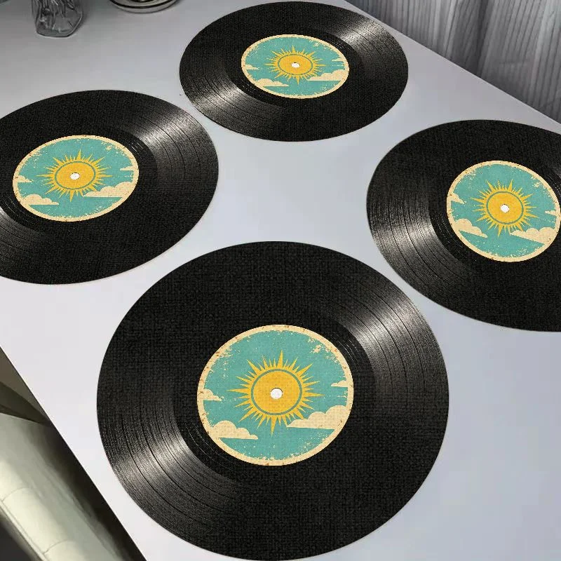 VIKAMA Retro Sun Vinyl Record Circular Linen Placemat Heat-Insulating And Wear-Resistant Dining Table Mat Desktop Decoration