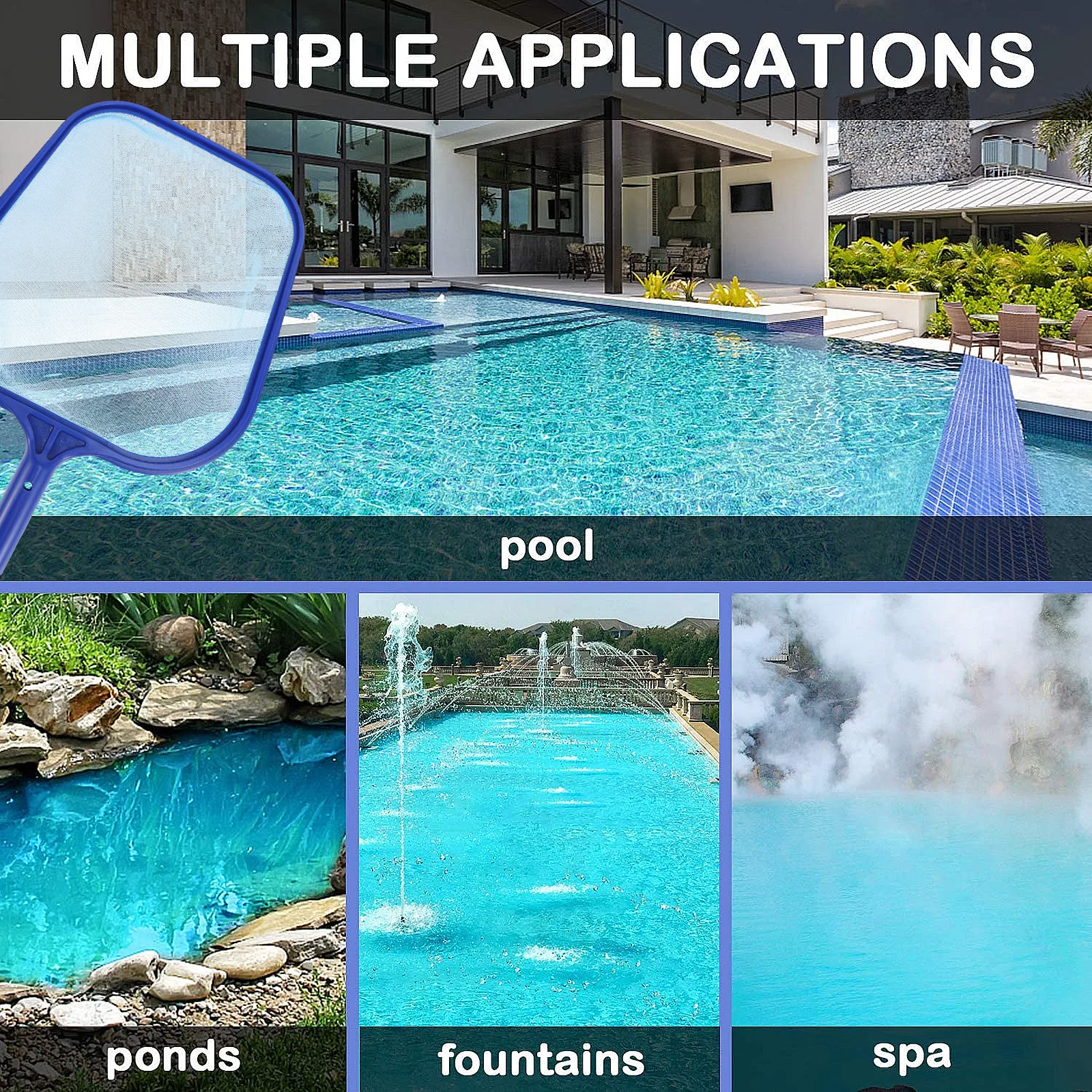 Pool Skimmer Net Set Retractable Aluminum Handle Fine Mesh Leaf Rake for Swimming Pool Pond Cleaning