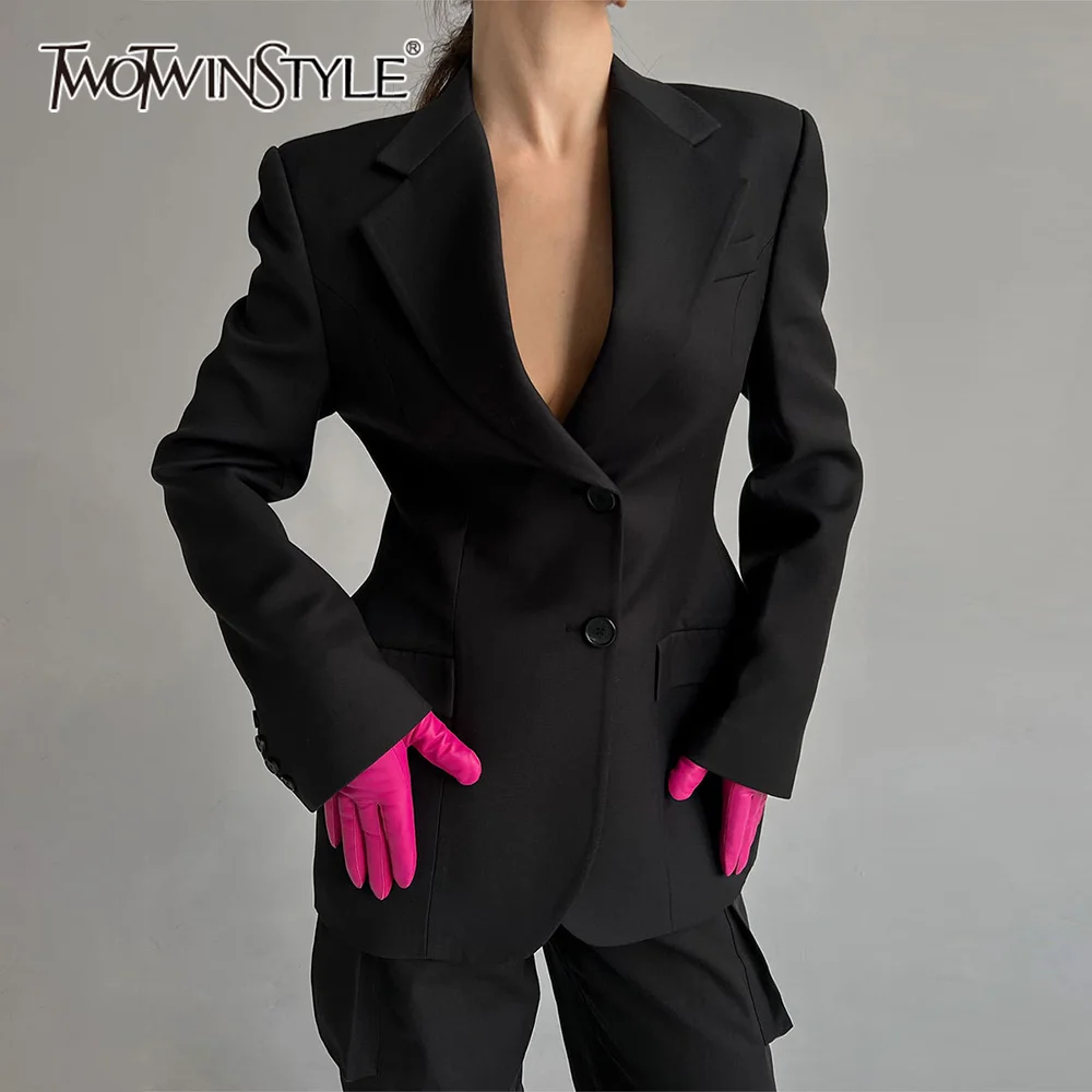 

TWOTWINSTYLE Solid Slimming Blazer For Women Notched Collar Long Sleeve Tunic Spliced Single Breasted Blazers Female Clothes New