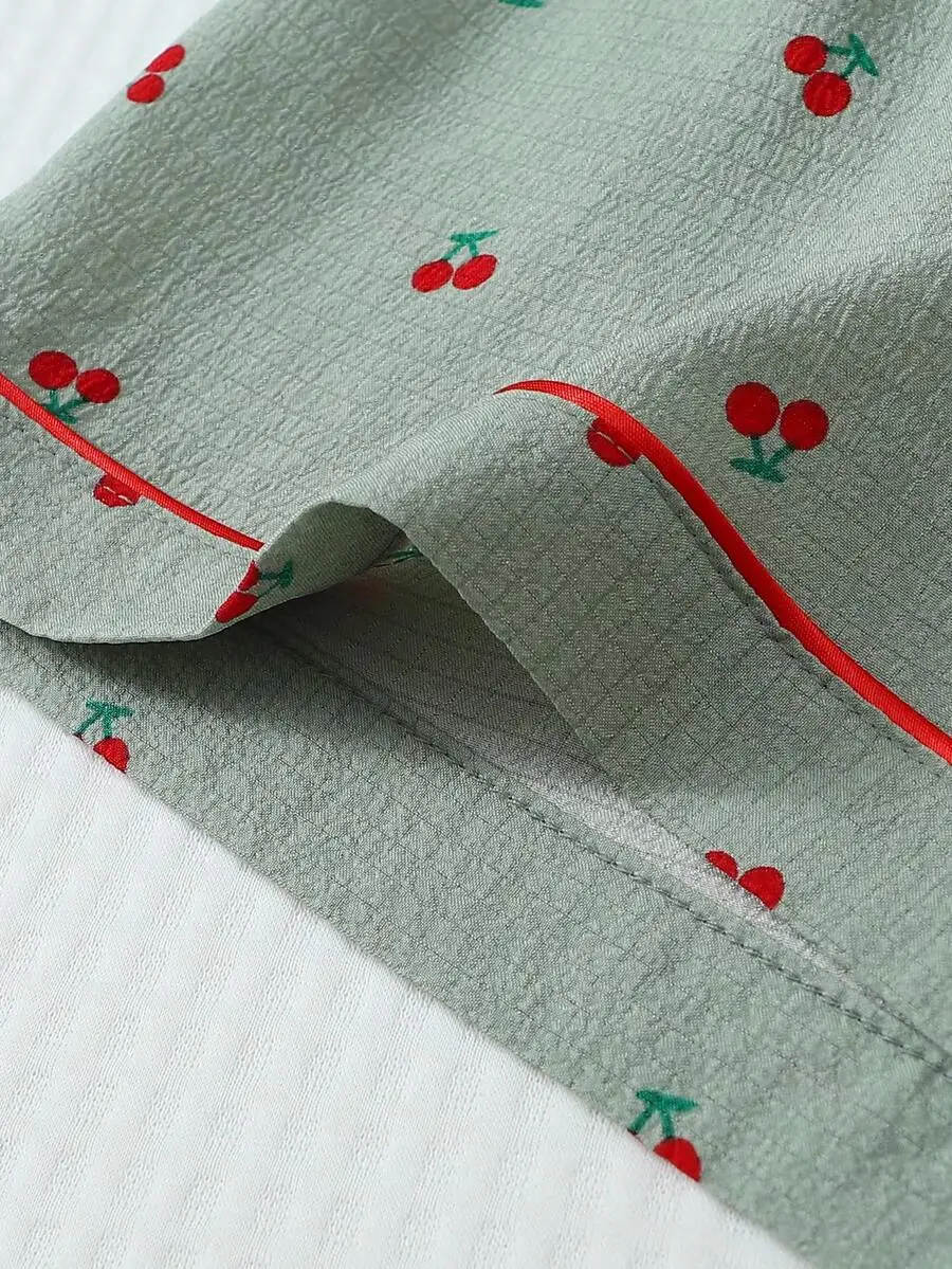 

Cherry Print Lapel Buttoned Top And Bow Shorts Pajama Set For Women Sleepwear Loungewear