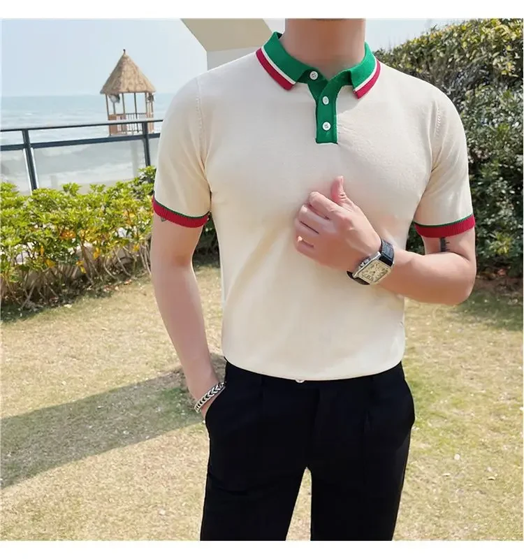 2023 Summer Men\'s Breathable Knitted Short Sleeved T-shirt Korean Fit Fashion Contrast Color Half Sleeved Flip Neck T-shirt