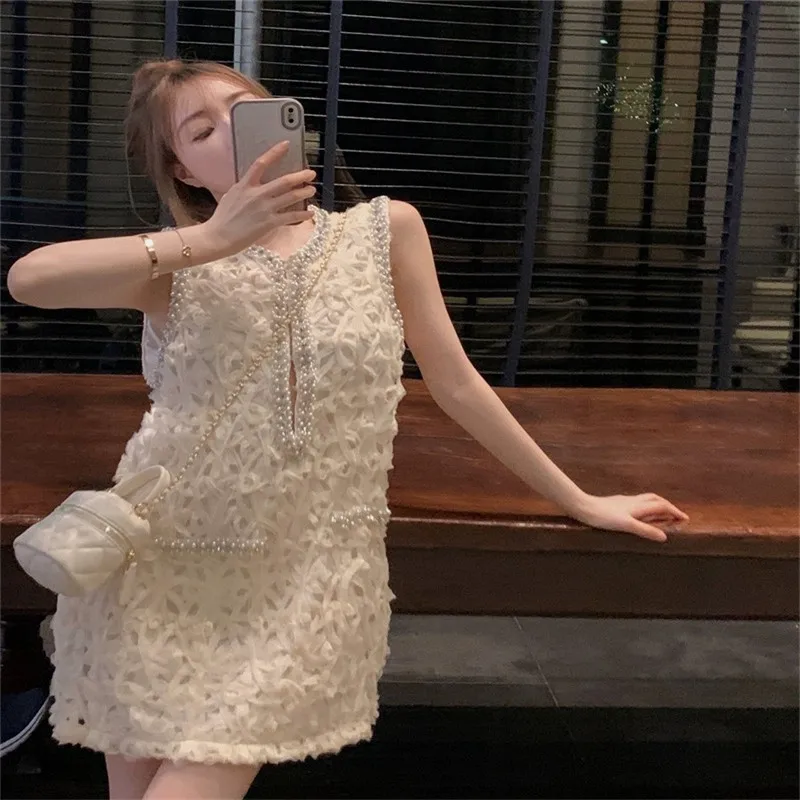 Celebrity Luxury Palace Style Party Dress Beads Sleeveless Women Summer Fashion Short Tank Dress Mesh Tassel Elegant Mini Dress