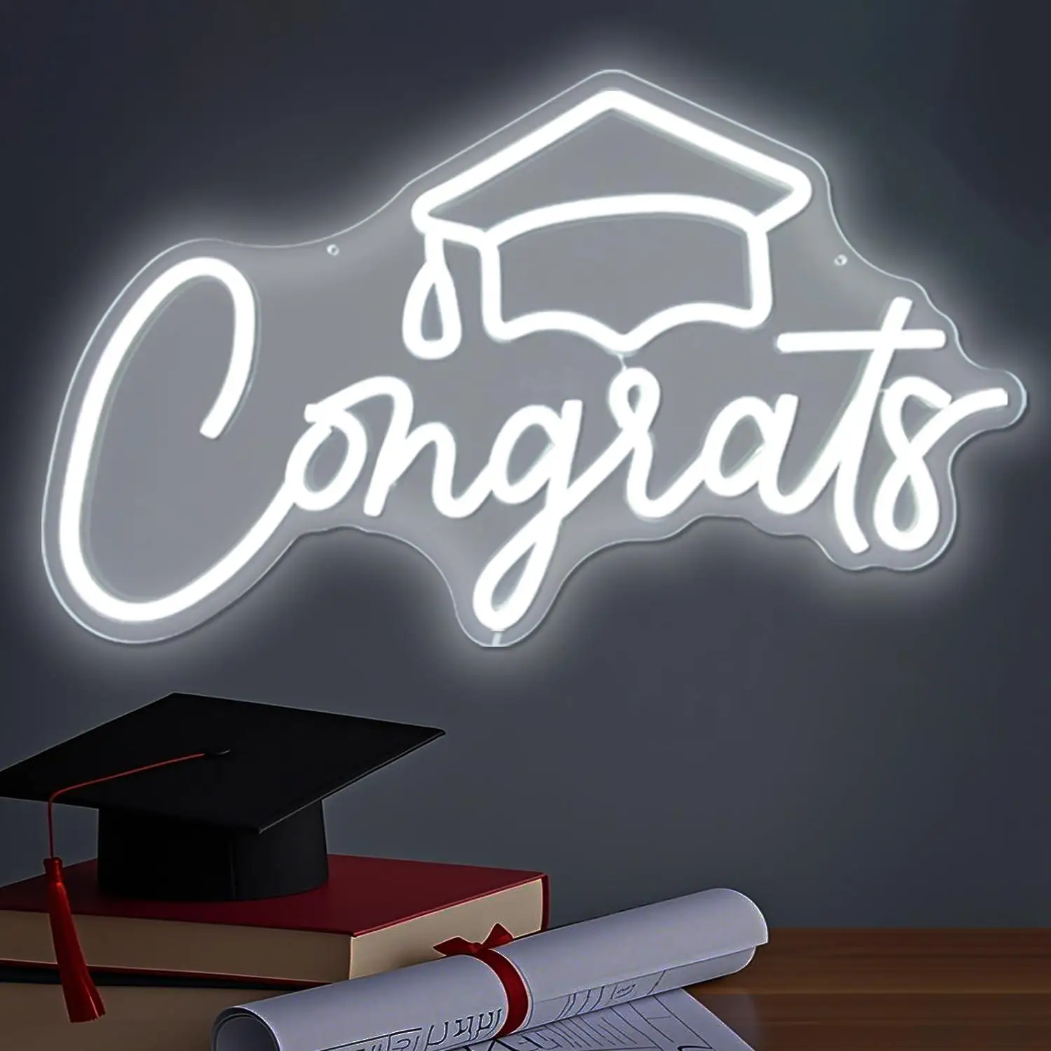 Congrats Grad Neon Sign USB Dimmable LED Light for Graduation Party Backdrop Celebration Neon Wall Art Decor Gift for Students