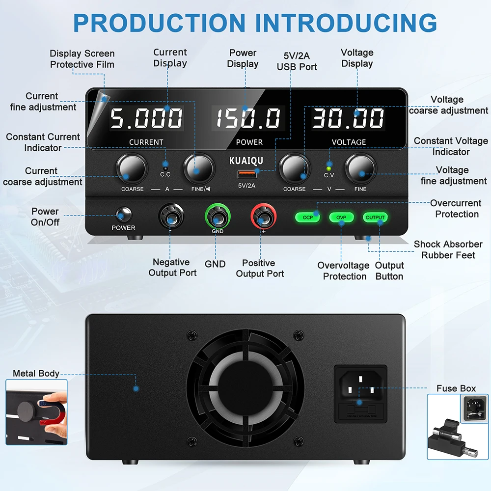 KUAIQU SPPS-H305 30V 5A 150W Adjustable Desktop Switching Power Supply OCP OVP DC Stabilized Power Supply LCD with Output Switch