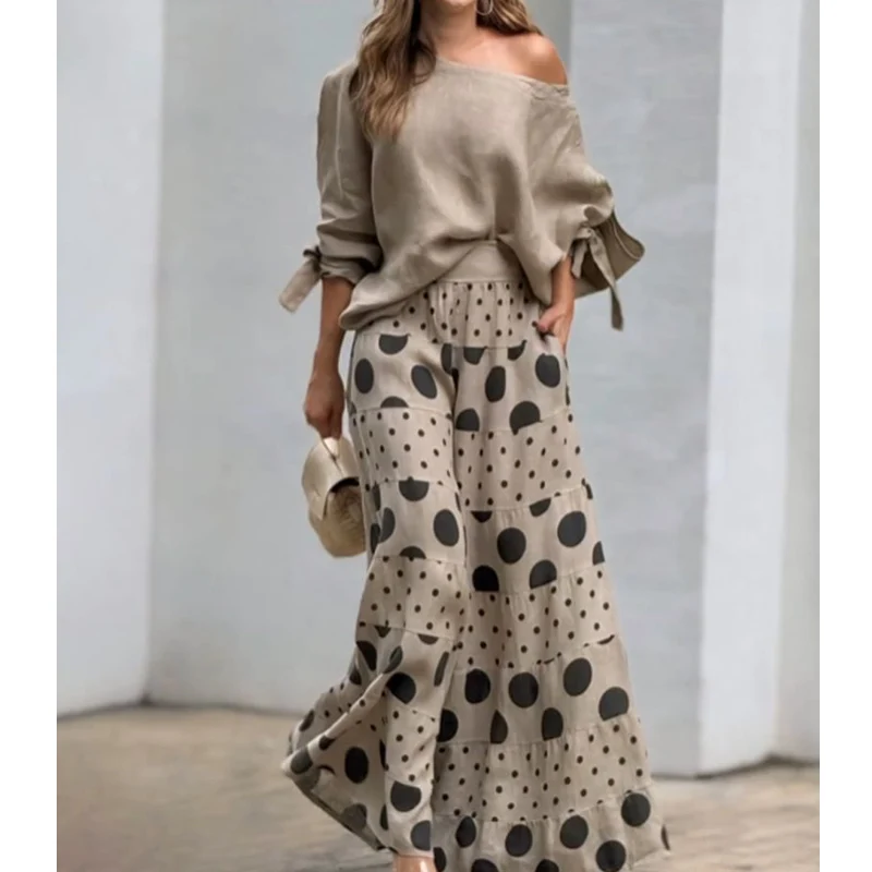 

New Casual Women's Suit Long Sleeves A One-shoulder Neck Loose Top Polka Dot Wide-leg Pants Sets Fashion Summer Two-piece Set