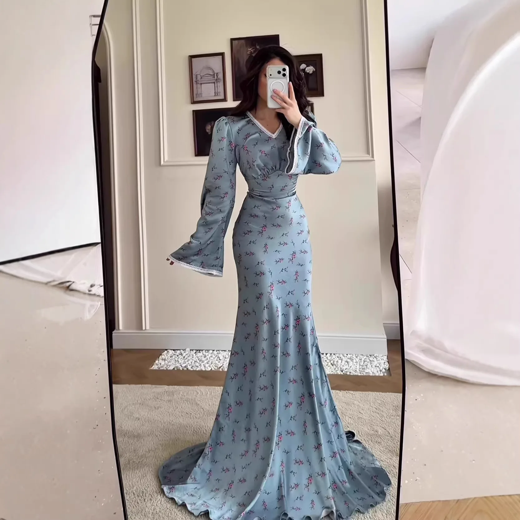 

2026 Spring New French Style Sexy Long Sleeve Floral Maxi Dress Muslim Long Dress Robe Abaya Ramadan Dubai Luxury Islam Elegant