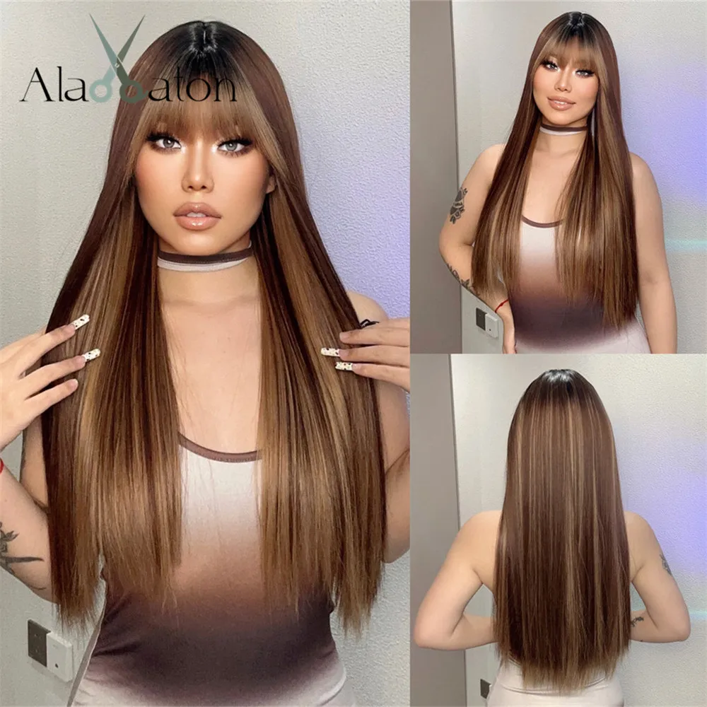 ALAN EATON Long Silky Straight Wigs for Women Brown Highlight Wig with Bangs Synthetic Mixed Color Hair Soft Daily Wig Party Use