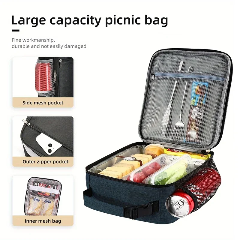 Insulated Lunch Bag with Side Mesh Pocket 6.3L Portable Lunch Box Waterresistant Leakproof Cool Bag for Outdoor Beach Bento Pack