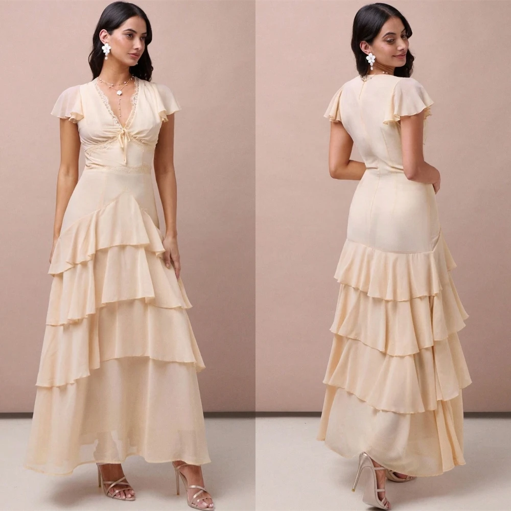 

Customized Delicate champagne Chiffon Evening Dress Elegant Graceful Sweetheart Short Sleeves Zipper Back Special Occasion Gowns