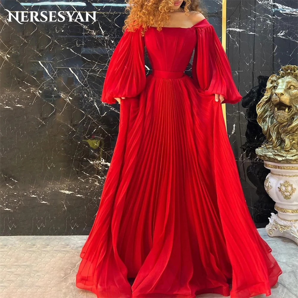 

Nersesyan Red Pleats Formal Evening Dresses A-Line Puff Sleeves Backless Prom Dress Off Shoulder Bones 2024 Wedding Party Gowns