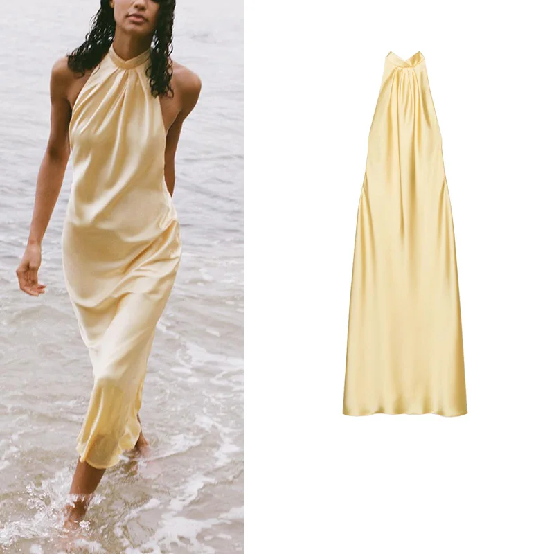 Ele Sommer Neue Ankunft Seide Satin Midi Dr Hängen Ne Kragen frauen Design Sensation Kleid l Taille Langen Rock