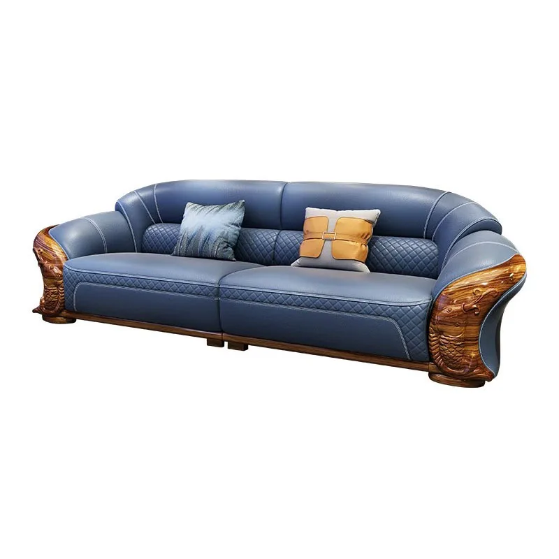 

New ebony wood combination, living room solid wood leather sofa, extra thick first layer cowhide