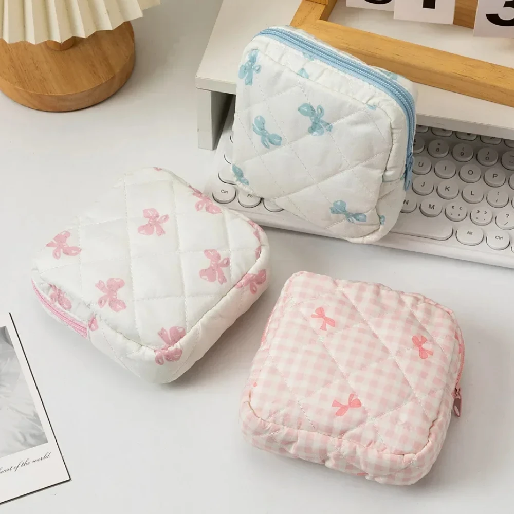 Cute Bow Women Mini Cosmetic Bag Sanitary Napkins Storage Bag Portable Tampon Holder Case Mini Makeup Lipstick Storage Bag Pouch