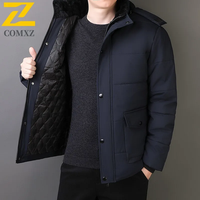 COMXZ 2025 Men New Fleece Lined Thickened Mid Length Coat Youth Winter Thermal Waterproof Windproof outdoor sports Padded Jacket