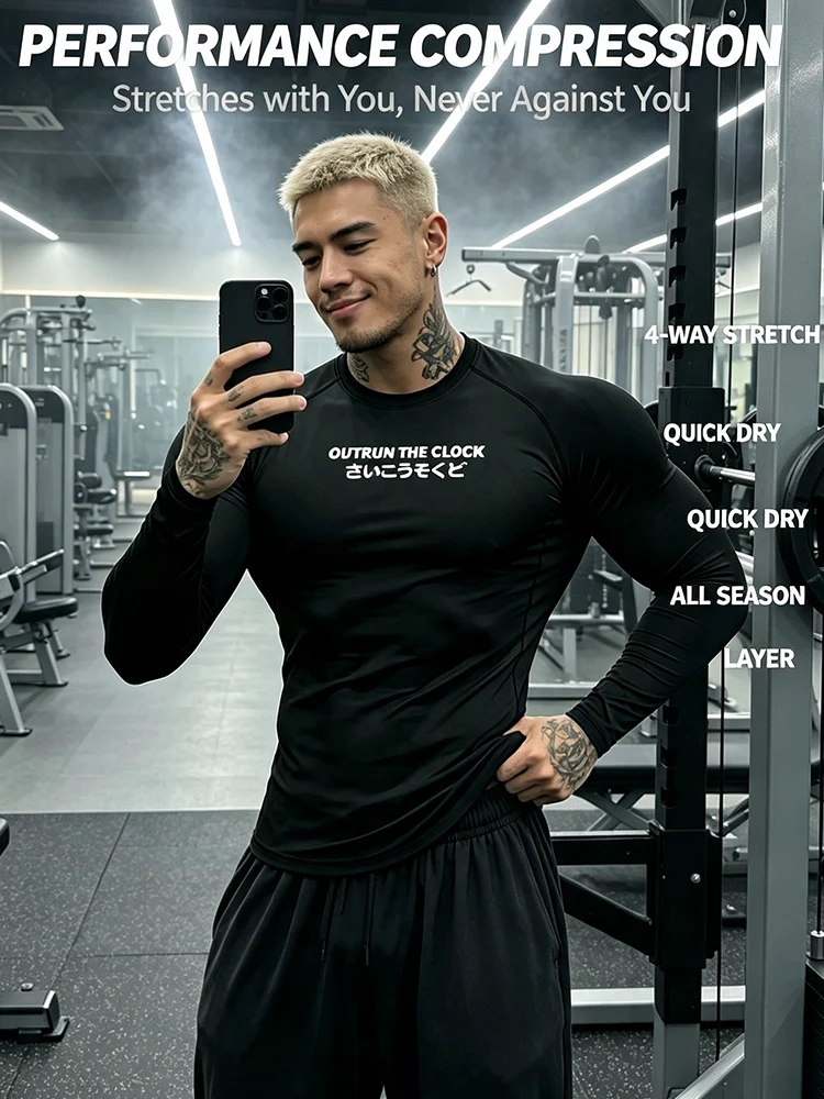 Compression Long Sleeve Shirt Quick‑Dry Stretch Gym Workout Tops Undershirt Fitness Bodybuilding Base Layer Sport T‑Shirt-J84