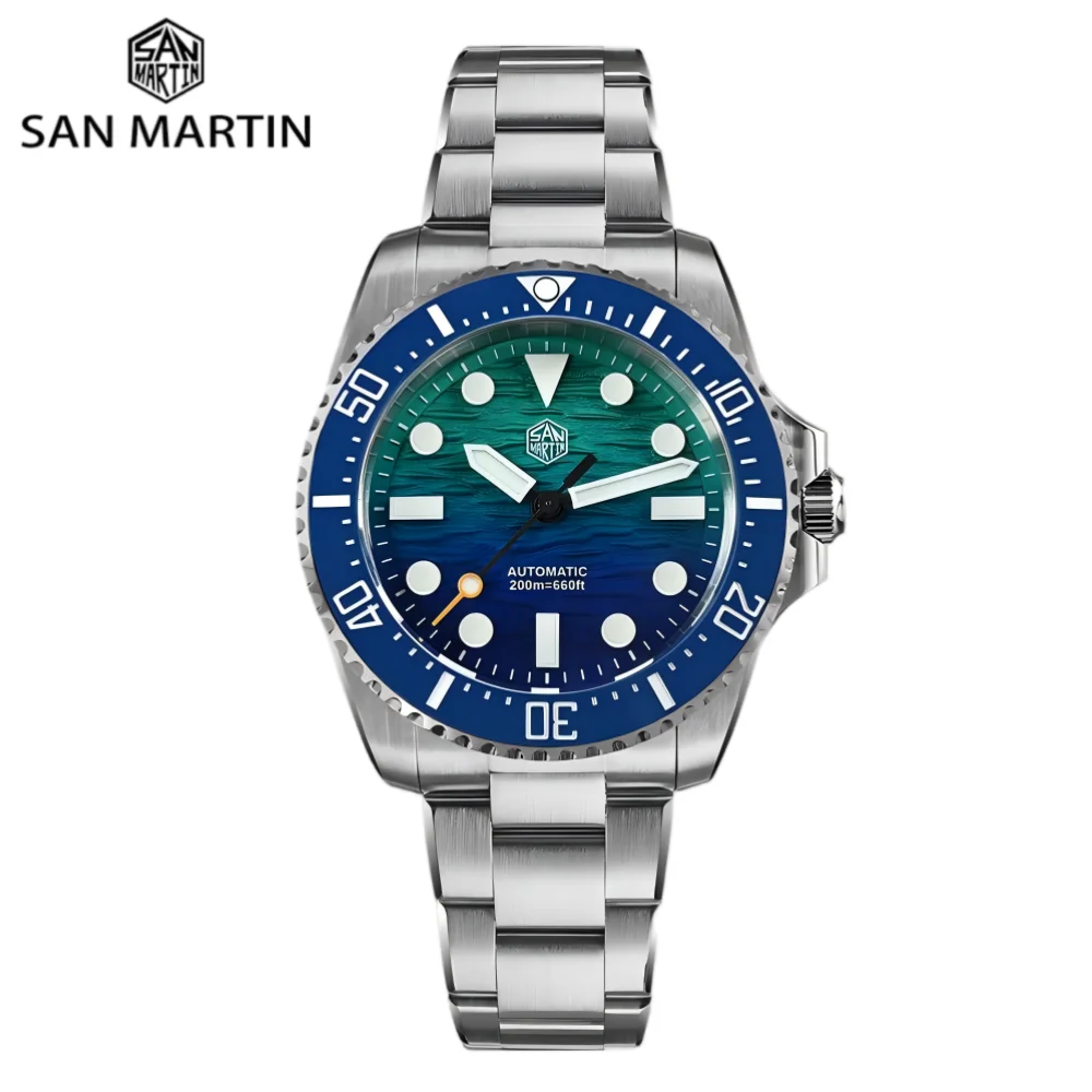 Reloj de buceo San Martin de 38mm Miyota 90S5 con esfera con patrón de ondas degradadas para hombre, pulsera automática BGW-X1 20ATM OTF ajustable SN0126GS