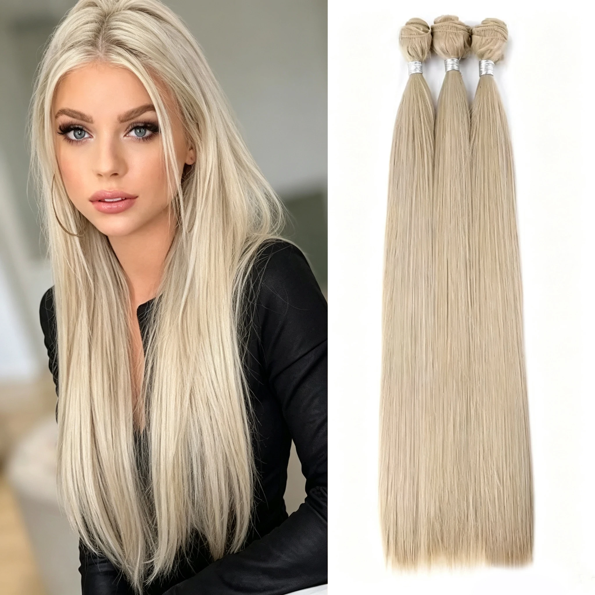 Straight Synthetic Bundles Hair 26 Inch 100g/Pack Double Weft Quick Weave Bundles Hair Extensions for Women Use