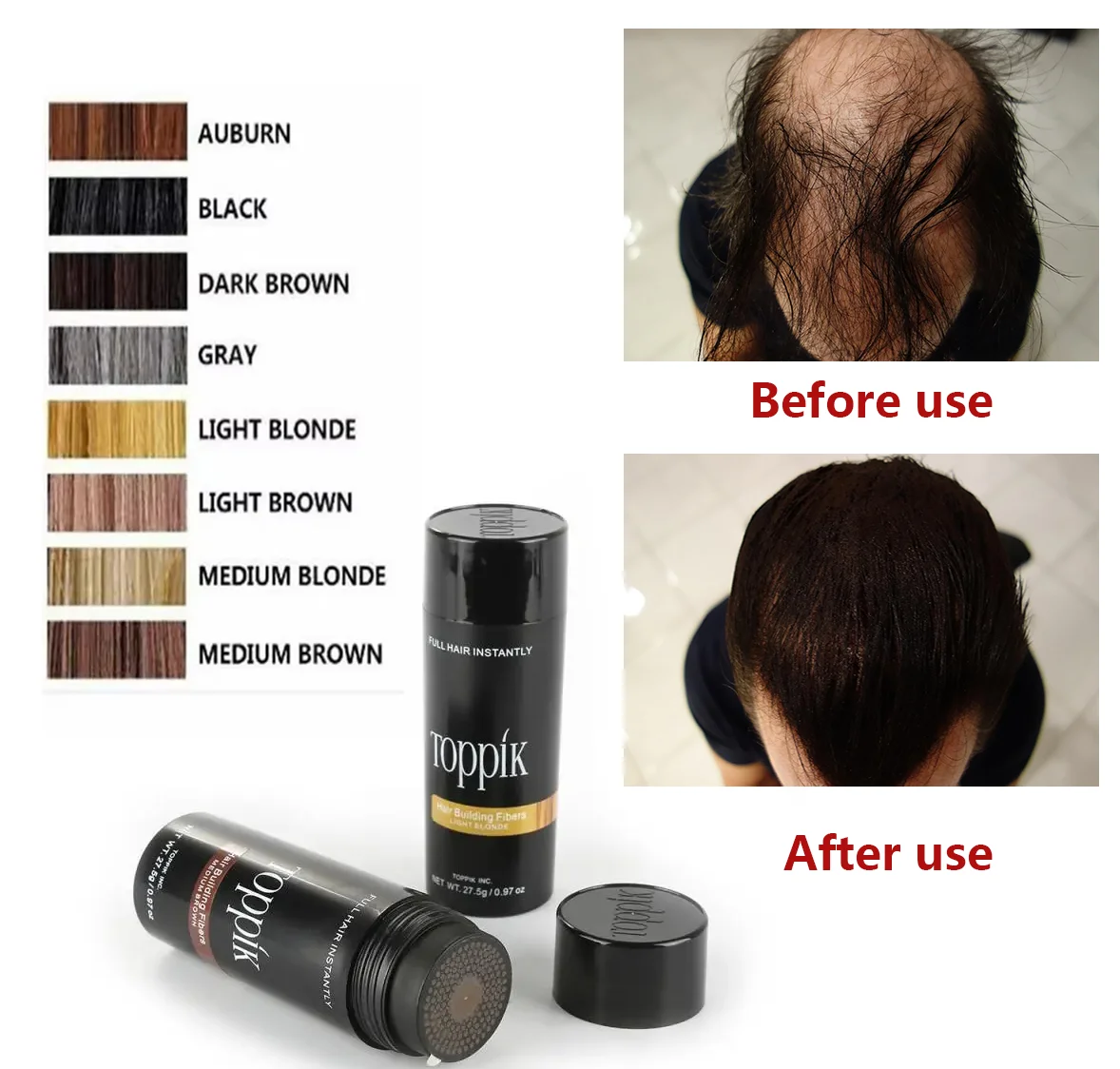 Toppik-Fibras capilares de queratina para homens e mulheres, cabelo fino ou esparso cheio, cabelo crescente instantâneo, 9 cores, 27,5g gramas