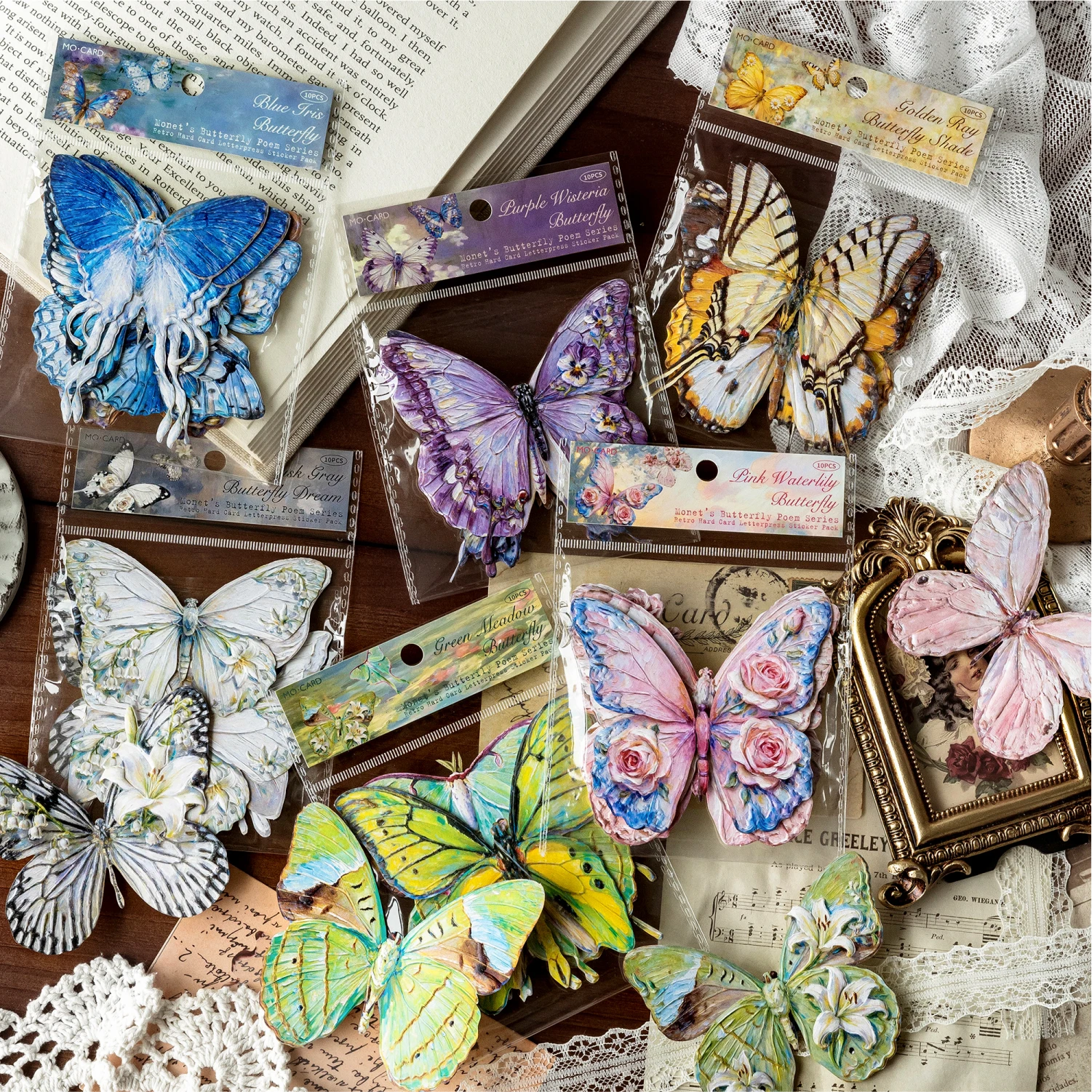 10 pcs Monet's Butterfly Poetry Series Sticker Embossed Relief Oil Painting Butterflies Scrapbook Collage Decorative Stickers