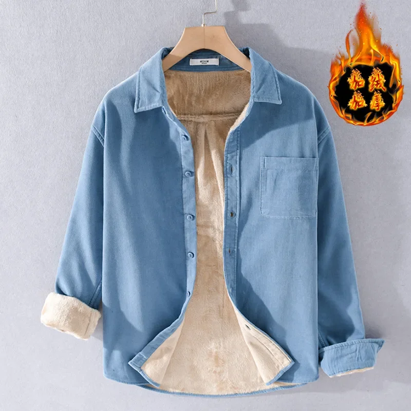 

Simple Winter Shirt Men Daily Casual Thick Clothes Pure Cotton Vintage Corduroy Fleece Shirt with Pocket Keep Warm Male Shirts