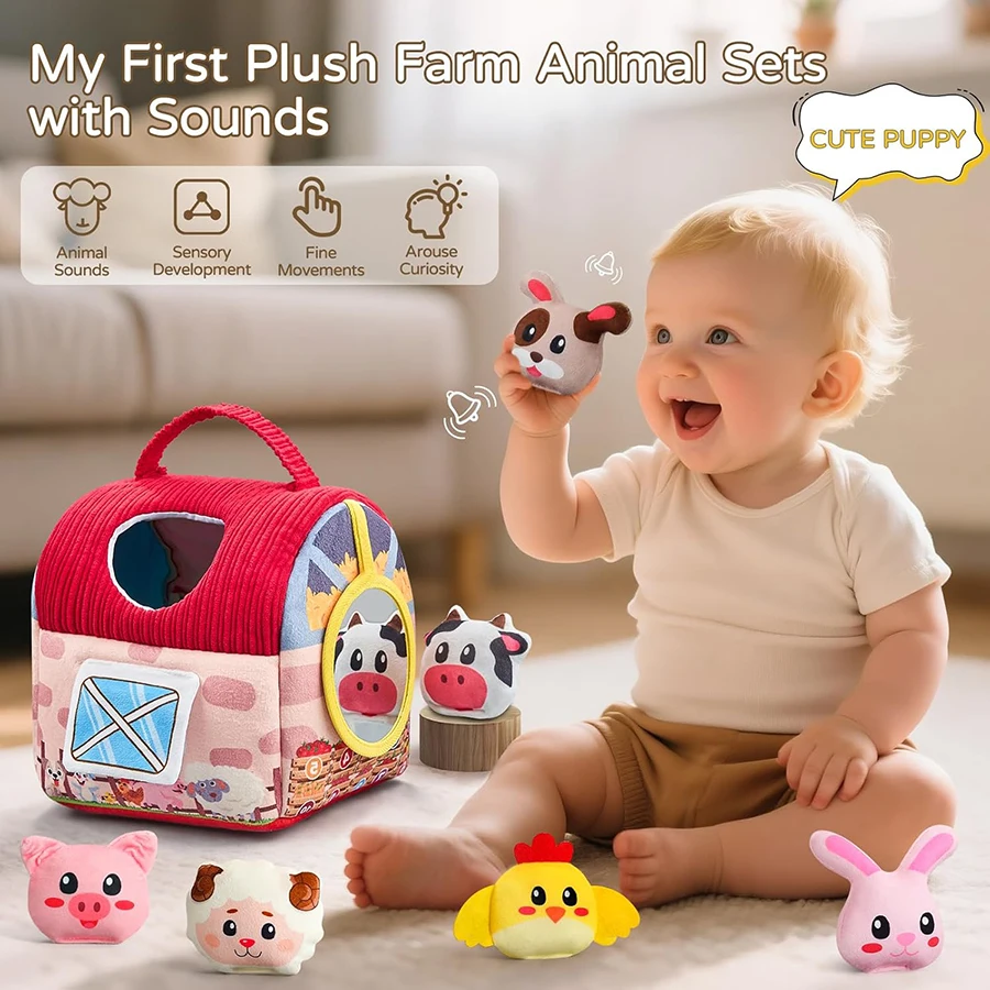 Giocattoli per bambini 6-12 mesi, giocattoli da fienile con animali da fattoria ripieni per i più piccoli 1-3 Alveare di peluche per bambini con sonagli Specchio battente