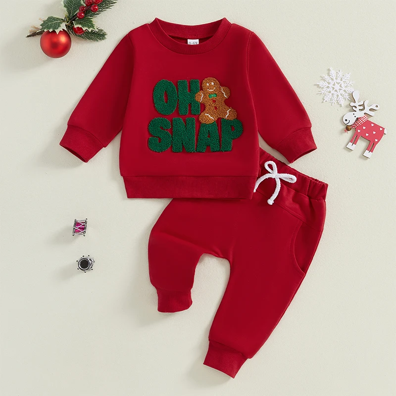 Suefunskry Baby 2Pcs Christmas Outfits Long Sleeve O-Neck Gingerbread Embroidery Sweatshirt and Pants Set Winter Fall Clothes