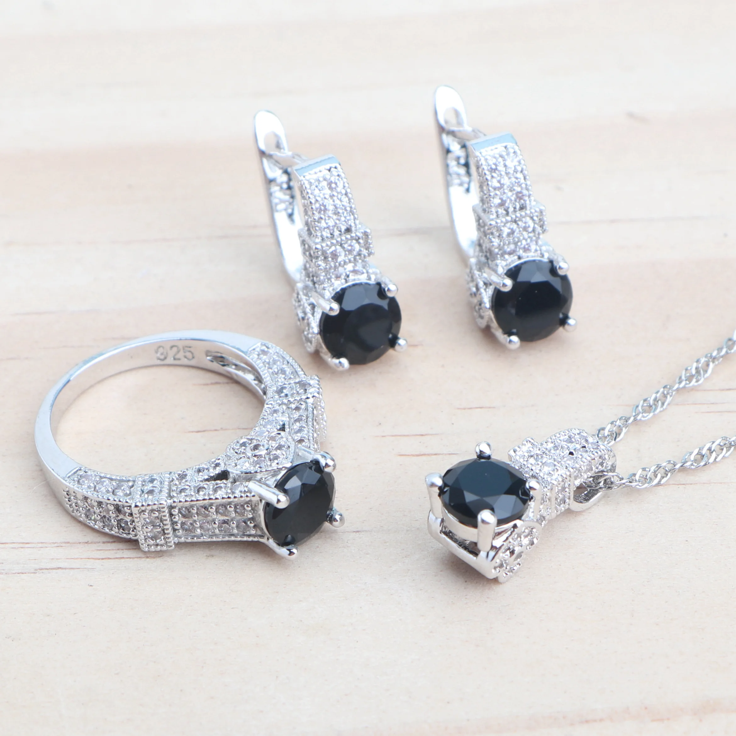 Zircão preto conjuntos de jóias de noiva 925 prata esterlina jóias de casamento pulseiras anéis brincos pingente colar conjunto para mulher