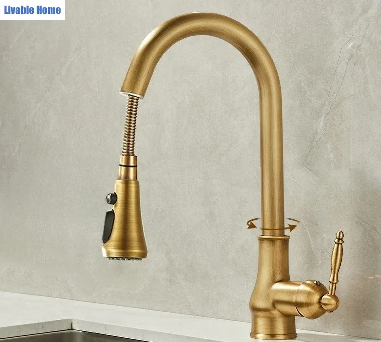 French Retro Brass Light Luxury Pull Out Kitchen Faucet Hot Cold Splash Proof Water Tap Household Kitchen Sink Washing Basin