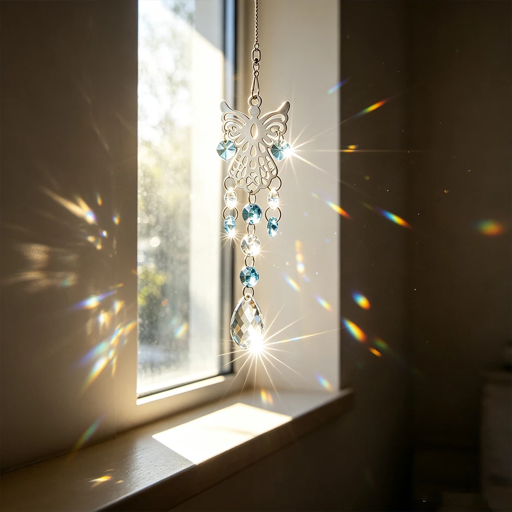 Crystal Guardian Angel Suncatcher Stainless Steel Window Hanging Prism Rainbow Maker Car Rearview Mirror Garden Decor 22.8cm