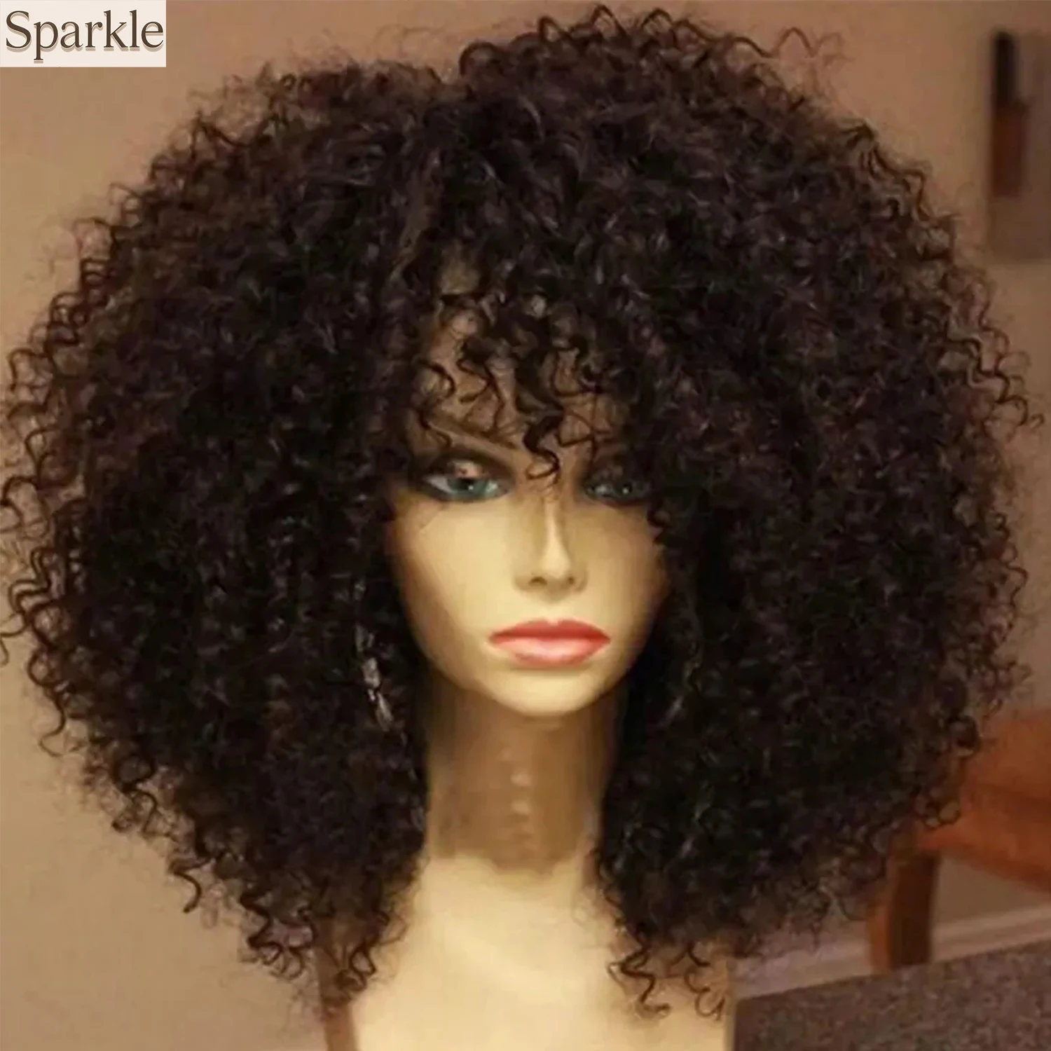 16 Inch Afro Kinky Curly Synthetic Wig with Bangs Soft Fluffy Party Cosplay Daily Use Non-Lace Hairpiece for Women