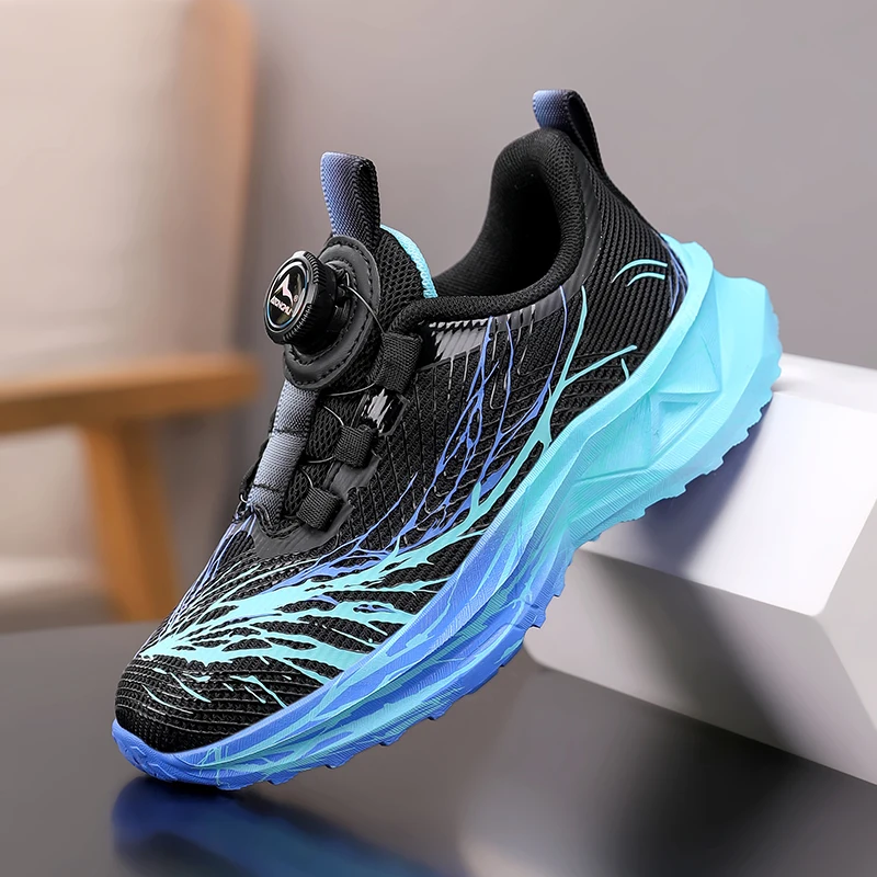 Boys Rotating Button Running Shoes Gradient Lightning Mesh Upper Non Slip Chunky Sole Kids Outdoor Training Sports Sneakers