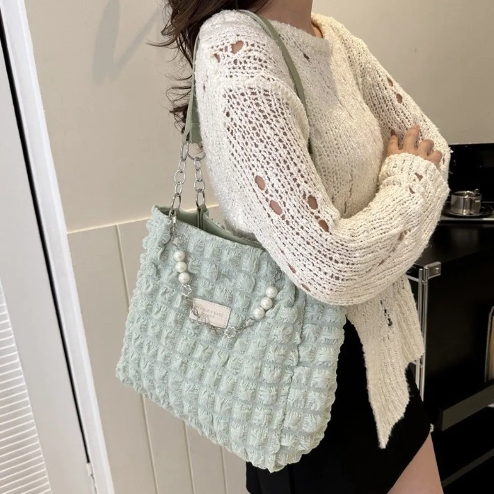 

Casual Beaded Pleated Tote Bag Chain Large Capacity Plaid Handbag Solid Color Handheld Bubble Cloud Bag Banquet