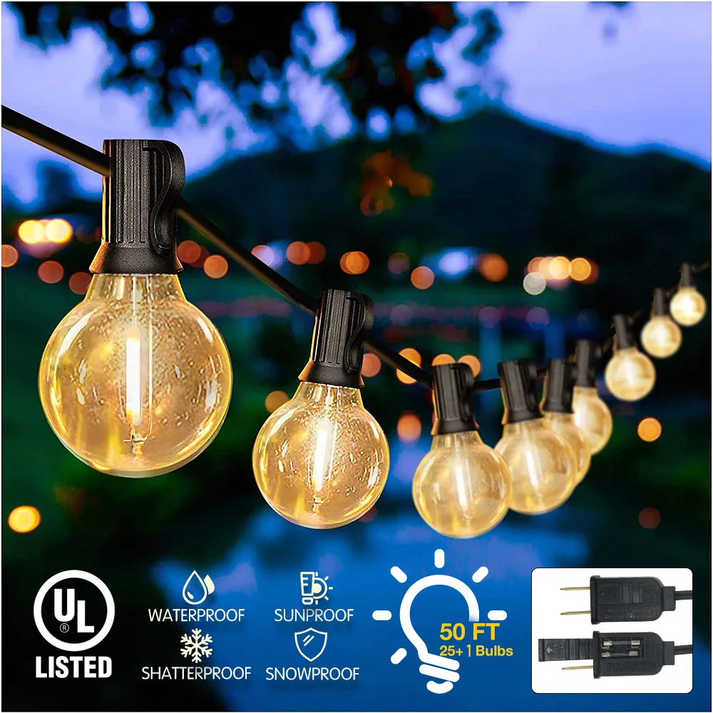 

DAYBETTER 50Ft Patio String Light Outdoor Garland Light G40 Christmas Lights Festoon Fairy For Wedding Holiday Garden Decoration