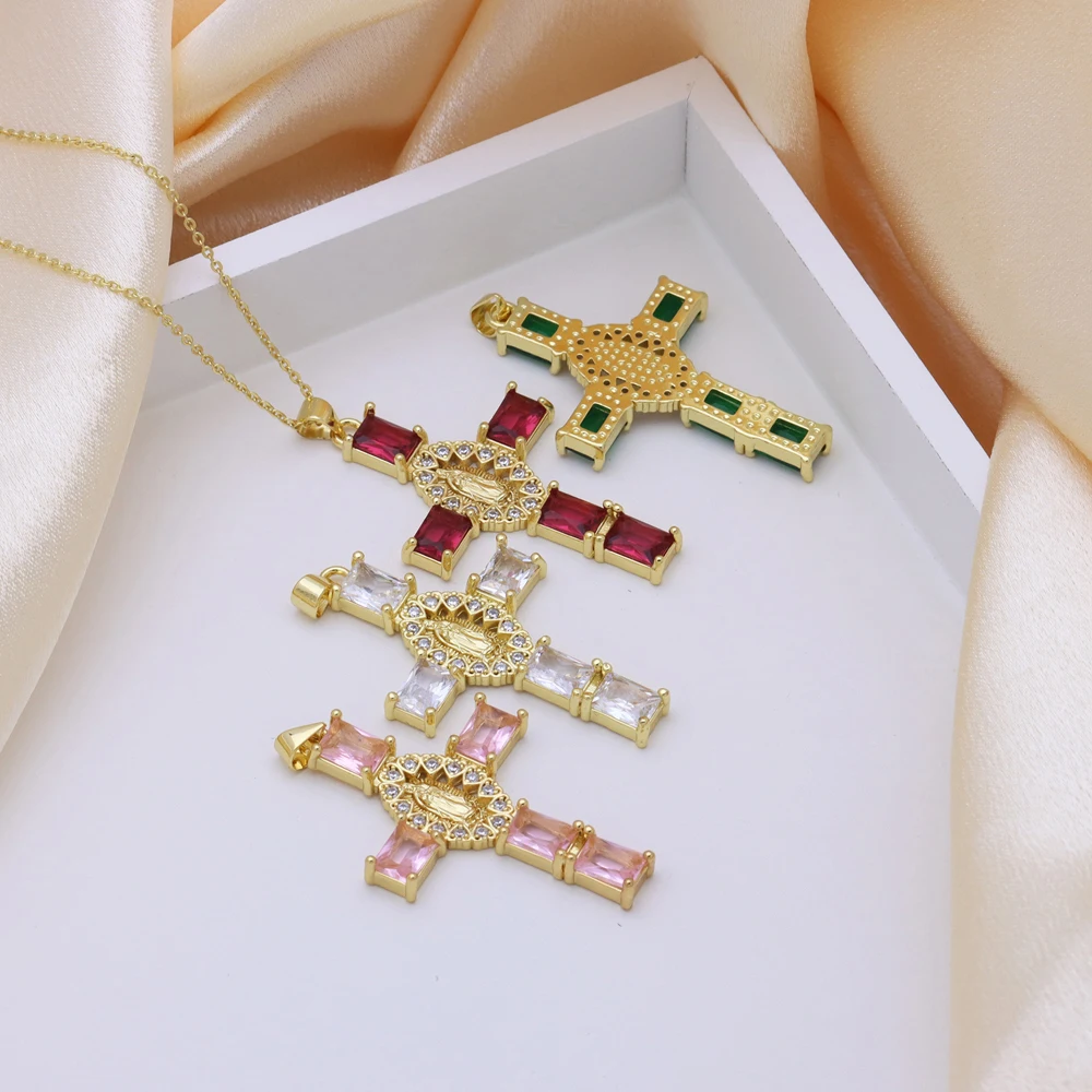 5 pcs/lot Gold Plated Brass Virgin Mary Cross Pendant Necklace with Colorful CZ Fashion Elegant Dainty Necklaces for Women Gift