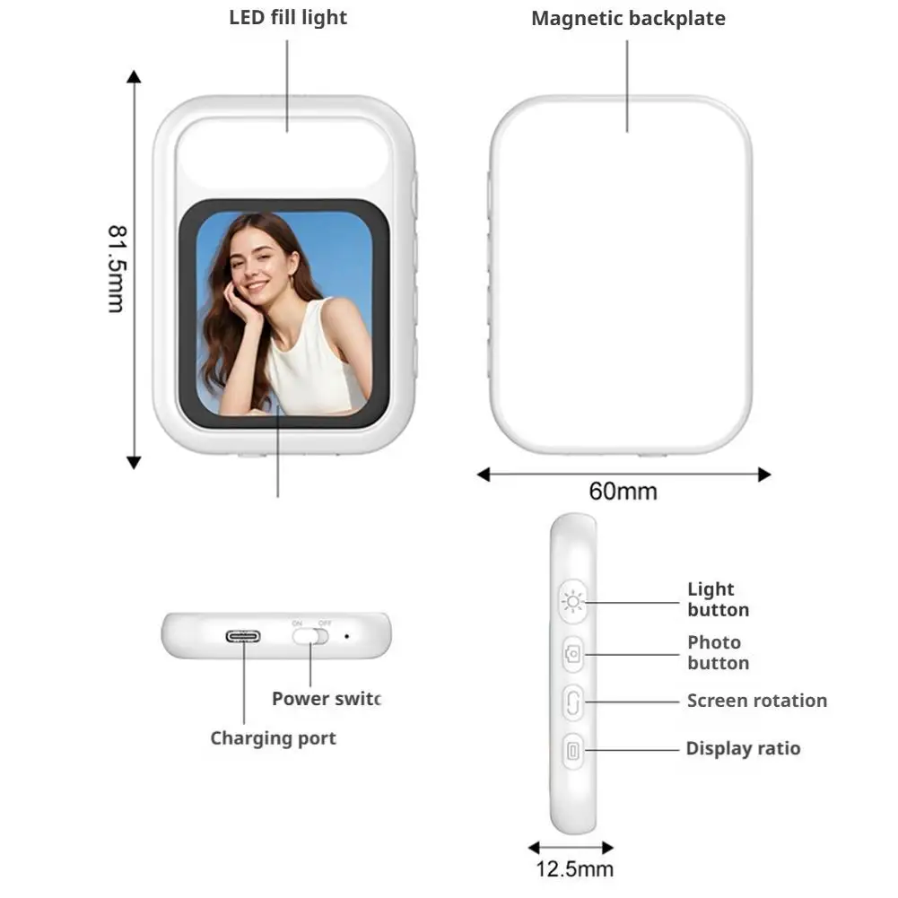 Tebe Magnetic Back Camera Selfie Monitor Screen For IPhone Mini Phone Vlog Mirroring Screen With LED Fill Light