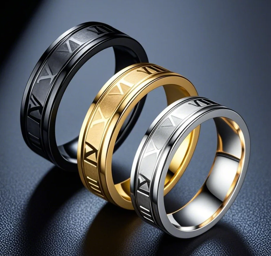 Stainless steel ring men's European and American titanium steel ring 6mm wide Roman numeral ring fashion jewelry