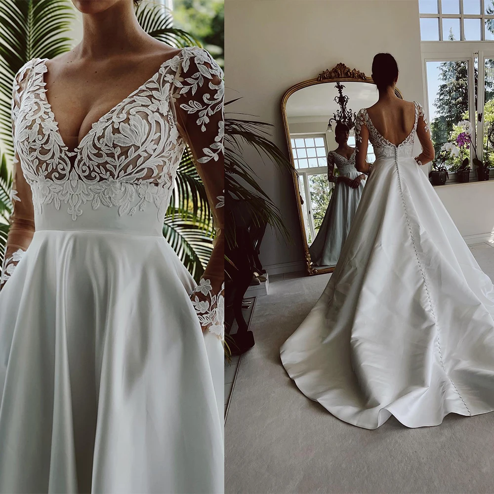 

Elegant Long Sleeves V-ncek Lace Applique Satin A Line Wedding Dresses Backless Sweep Trian Custom Made 2023 Women Wear