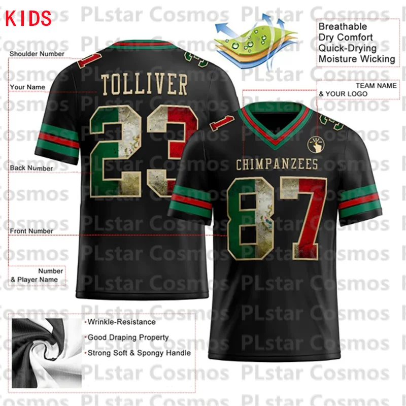 Custom Black Vintage Mexican Flag Kelly Green Red-City Mesh Football Jersey 3D Printed Kids Football Jersey Boys Tops Girl Tees