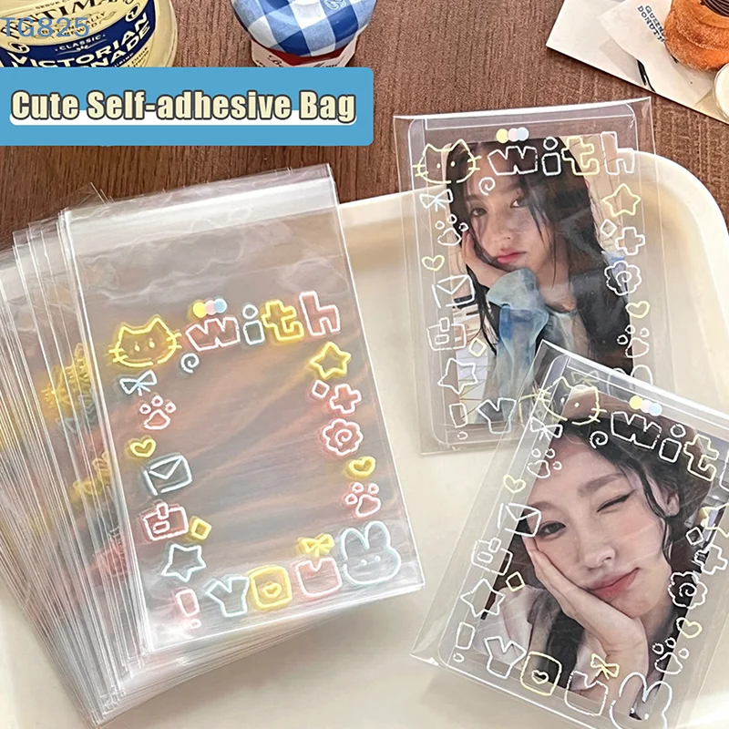 【SA】50Pcs Transparent Cute Graffiti Kitten Self-adhesive Opp Bag Kpop Photo Cards Protective Storage Bag Photocard Card Sleeves