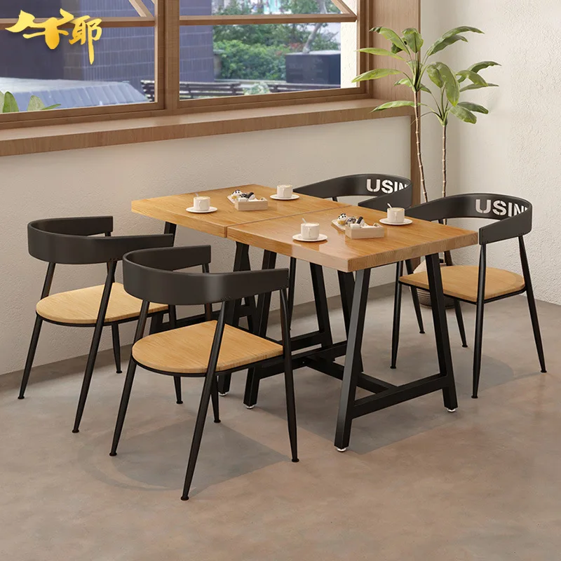 

Nordic Iron Solid Wood Table and Chair Combination Restaurant Milk Tea Coffee Shop Dining Tables Chairs Set