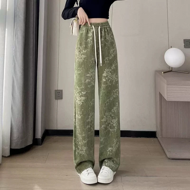 

National Style Printed Wide-leg Pants Women's Spring 2024New High Waist Dosing Satin Narrow Version Straight Flower Trendy Pants