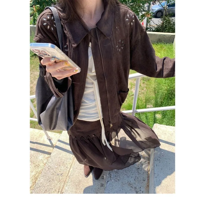 不規則な鹿革ベルベットカジュアルミッドレングススカート女性 2026 春ハイウエストソリッドカラーカジュアルメッシュステッチ A ラインスカート